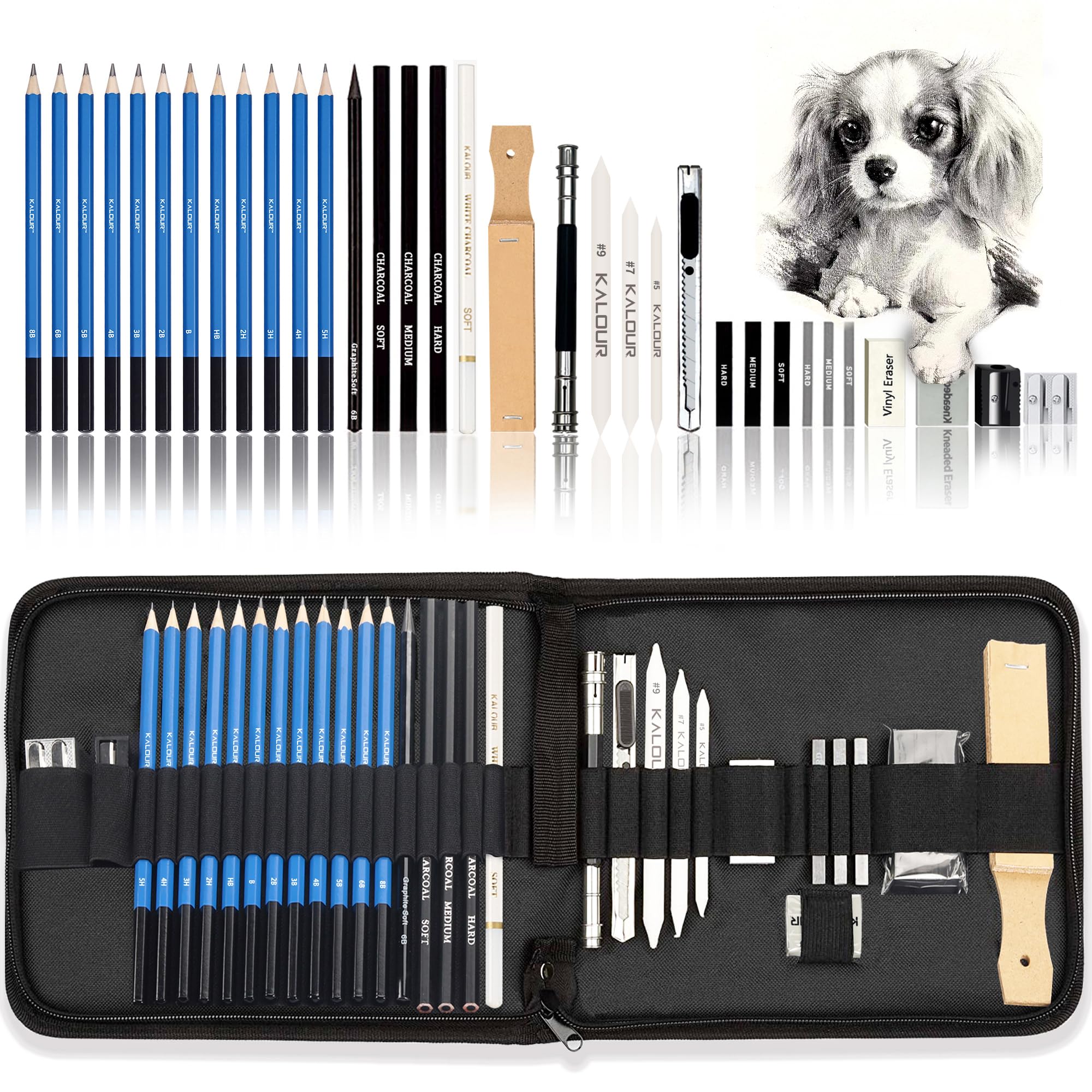 KALOUR 33 Pro Drawing Kit Sketching Pencils Set,Portable Zippered